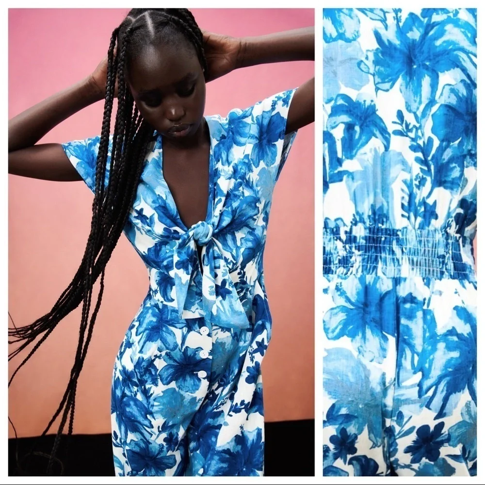 NWT. Zara Ecru/Blue Viscose/Linen Floral Print Jumpsuit. Size S.